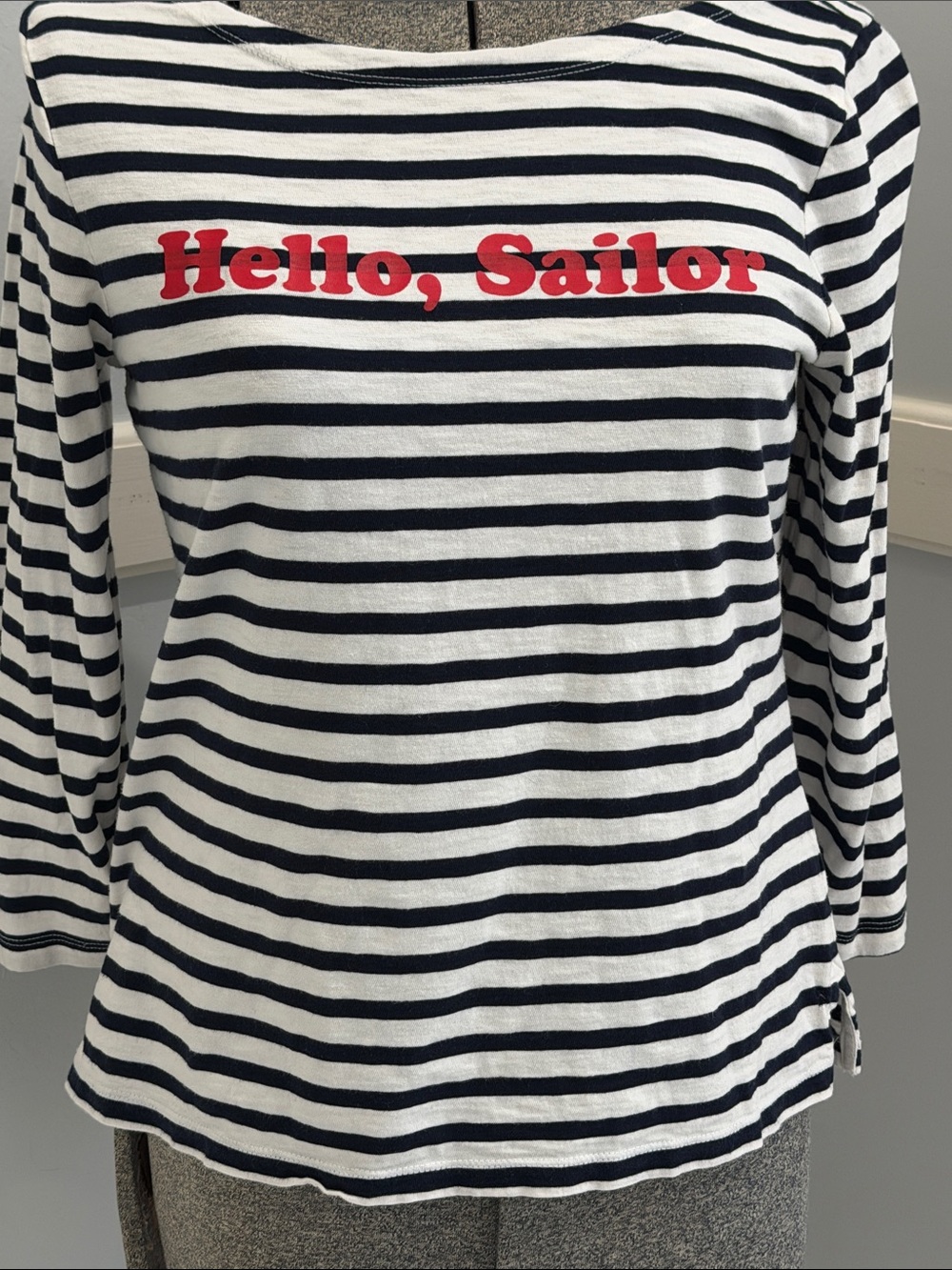 J. Crew Navy & White Striped Long-Sleeve Top with Red 'Hello, Sailor'